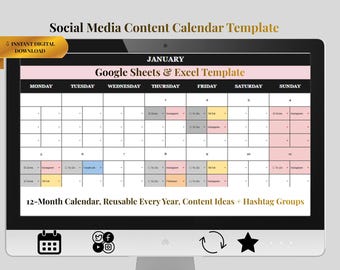 Modèle de calendrier de contenu pour les réseaux sociaux | Planificateur Google Sheets pour Instagram, TikTok et Facebook | Idées de contenu + Suivi des hashtags