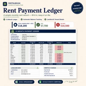 May include: A digital Rent Payment Ledger spreadsheet template featuring a 12-month tracking table, landlord and tenant information sections, and summary boxes for total charges, paid amounts, and remaining balances in US dollars.