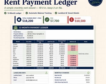 Rent Payment Ledger Template | Small Landlord Rent Tracker | Tenant Payment Log for Rental Property | Excel Spreadsheet