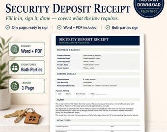 Security Deposit Receipt Template | Landlord Tenant Deposit Form | Editable Word & PDF | Instant Download