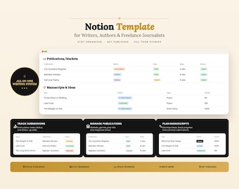 Modèle Notion pour écrivains, auteurs et journalistes indépendants | Suivi des soumissions et des propositions | Organisateur de manuscrits