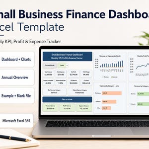 Small Business Finance Dashboard Excel Template, Income and Expense Tracker, Profit KPI Dashboard and Monthly Business Budget Spreadsheet