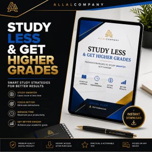 Peut inclure: Un guide numérique intitulé Study Less & Get Higher Grades par AllalCompany affiché sur un écran de tablette. Le guide présente des sections sur l'apprentissage efficace, la gestion du temps, le rappel actif et les résultats, avec un stylo noir.
