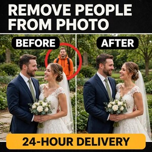 May include: A split-screen graphic titled REMOVE PEOPLE FROM PHOTO showing a before and after comparison of a wedding couple. The before image features a person in an orange hoodie circled in red, while the after image shows the couple alone.