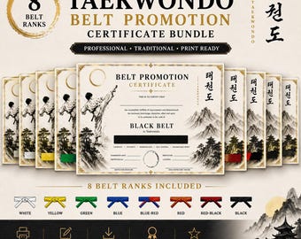 Pacchetto di certificati di promozione cintura di Taekwondo / Certificati di arti marziali stampabili / Logo del club modificabile / Download immediato in PDF