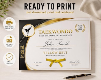 Taekwondo Belt Promotion Certificates | Printable Martial Arts Awards | Editable Logo | Instant Download PDF