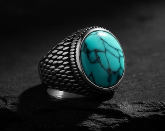 Bague pour homme turquoise, chevalière gothique en acier inoxydable, bague ovale en pierre turquoise, cadeau bijoux punk bohème vintage