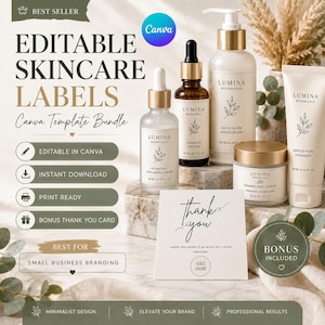 Plantilla de etiquetas para el cuidado de la piel / Paquete de etiquetas para cosméticos / Etiquetas editables para envases de belleza / Tarjeta de agradecimiento / Plantilla de Canva