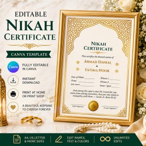 May include: An editable Nikah certificate template in a gold frame featuring intricate gold geometric borders, white paper, and dark green text. The document includes fields for names, dates, and signatures, with the quote from Surah Ar-Rum 30:21.