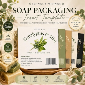 Könnte beinhalten: Eine bearbeitbare und druckbare Seifenverpackungs-Einlagevorlage mit dem Text Eucalyptus & Mint, Natural & Organic Soap und einer Zutatenliste. Das Design enthält einen Strichcode und botanische Illustrationen auf weißem Grund.