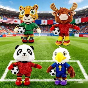 Könnte beinhalten: Vier Plüschtiere in Fußballtrikots, die jeweils einen schwarz-weißen Fußball halten. Die Figuren umfassen einen Leoparden in Grün, einen braunen Elch in Rot, einen Panda in Rot und einen Adler in Blau, alle auf einem grünen Spielfeld.