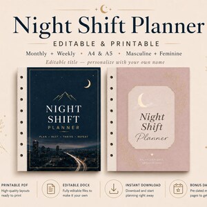 May include: Two planner covers titled Night Shift Planner. The left cover is dark blue with a city skyline, mountains, and a crescent moon. The right cover is dusty pink with a gold crescent moon and a central text box. Both have punched holes.