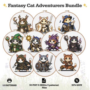 Op de afbeelding: Een digitale collectie genaamd Fantasy Cat Adventurers Bundle met 10 kruissteekpatronen van katten verkleed als fantasiefiguren, waaronder krijgers, magiërs en schurken, weergegeven in houten borduurringen met PDF- en OXS-bestandsformaten.