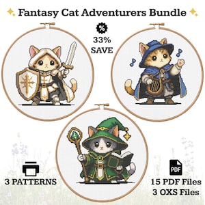 May include: A digital bundle titled Fantasy Cat Adventurers Bundle featuring three cross-stitch patterns of cats in costumes. One cat wears white armor with a sword and shield, one is a blue-clad bard with a harp, and one is a green-robed wizard.