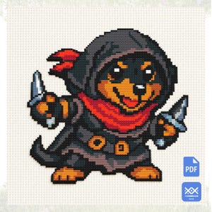 May include: A cross-stitch pattern featuring a pixelated dog character wearing a dark hooded cloak with a red scarf, holding a small dagger in each paw. The design includes a PDF icon and a SAGA icon in the bottom right corner on white fabric.