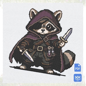 May include: A cross-stitch pattern featuring a pixelated raccoon character wearing a purple hooded cloak, a black eye patch, and dark clothing. The raccoon holds two daggers and has two small potion bottles attached to a belt. A blue PDF icon is visible.