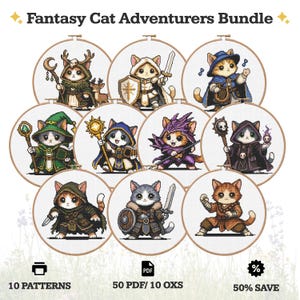 May include: A digital collection titled Fantasy Cat Adventurers Bundle featuring 10 cross-stitch patterns of cats dressed as fantasy characters, including warriors, mages, and rogues, presented in wooden embroidery hoops with 50 PDF and 10 OXS files.