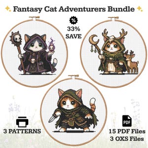 May include: Fantasy Cat Adventurers Bundle cross stitch patterns featuring three cats in wooden hoops. One cat wears a dark cloak with a skull staff, one wears a green cloak with a deer, and one wears a green cloak holding a dagger. Includes 3 patterns, 15 PDF files, and 3 OXS files.