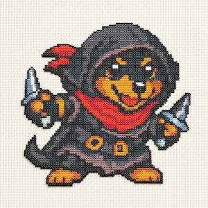May include: A cross-stitch pattern featuring a pixelated dog character wearing a dark hooded cloak with a red scarf. The character has orange fur accents, holds a small gray dagger in each paw, and is set against a plain white fabric background.