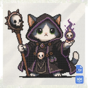 May include: A cross-stitch pattern featuring a cat dressed as a dark mage in a black hooded robe with purple trim. The cat holds a staff topped with a skull and a glowing purple flame with a small skull. A small skull charm hangs from the robe.