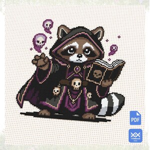 May include: A cross-stitch pattern featuring a brown and white raccoon dressed in a black and purple hooded robe. The raccoon holds an open book with a skull icon, surrounded by three small purple ghost-like skulls on a white grid background.