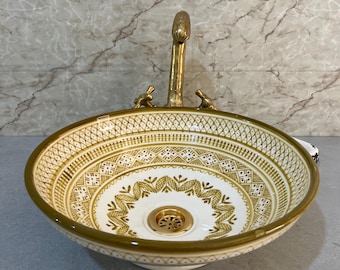 Lavabo de cerámica marroquí hecho a mano, lavabo de baño de lujo, lavabo artesanal auténtico, lavabo de baño premium, lavabo marroquí personalizado