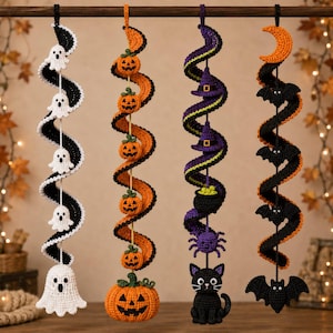 May include: Four hanging crochet spiral decorations featuring Halloween themes. The first has white ghosts, the second orange pumpkins, the third purple witch hats and a black cat, and the fourth black bats and an orange crescent moon.