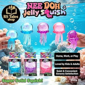 Puede incluir: Juguetes sensoriales Nee Doh Jelly Squish con forma de medusa en azul, morado y rosa. El conjunto incluye tres cajas individuales con el texto Jelly Squish y Super Solid Squish. Los juguetes tienen cuerpos translúcidos y blandos con tentáculos.