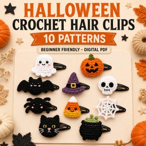 Puede incluir: Un conjunto de patrones PDF digitales para 10 pinzas de pelo de ganchillo de Halloween que incluye un fantasma blanco, calabaza naranja, murciélago negro, sombrero de bruja morado, calavera blanca, araña negra, maíz dulce, telaraña blanca, gato negro y un caldero negro.