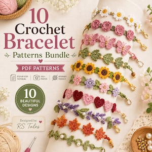 Bundel met 10 haakpatronen voor armbanden | Beginnersarmband met bloemen en bladeren (PDF)