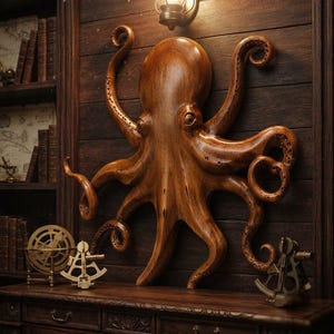 Hand Carved Wooden Octopus Wall Decor, Nautical Coastal Wall Art, Solid Wood Ocean Sculpture, Beach House Decor, Sea Life Wall Hanging,