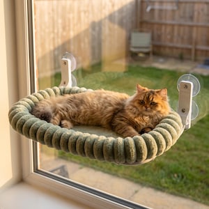 Hamaca para gatos para ventana - Cama tipo tumbona color crema, percha plegable con ventosas