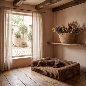 May include: A rectangular brown corduroy pet bed with raised sides and a soft cushioned base. A small brown dachshund is lying down in the center of the bed. The bed features a textured, ribbed fabric surface and a structured, supportive frame.