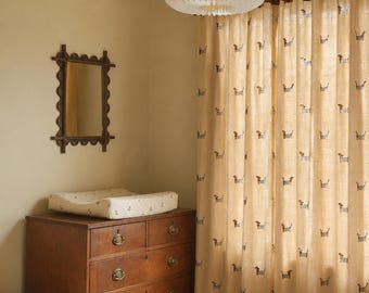 Cortina de lino bordada con perro, cortina de cachorro, cortina para guardería, cortina para habitación infantil, cortinas estilo casa de campo, tratamiento de ventanas estilo cottagecore, cortina a medida