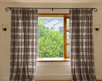 Cortina de lino a cuadros, panel de cortina a cuadros marrones, cortina con pliegues personalizados, cortinas de estilo rústico francés, cortinas de ventana Cottagecore
