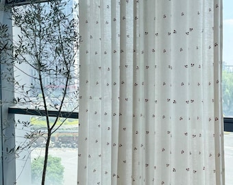 Panel de cortina de lino transparente, tratamiento de ventana bordado, cortinas estilo casa de campo, bordado de cereza, cortina Cottagecore, tamaño personalizado