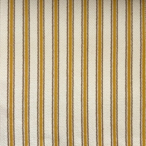 May include: A woven fabric featuring a repeating pattern of vertical stripes in mustard yellow and brown against an off-white background. The textile displays a distinct herringbone weave texture throughout the entire surface of the material.