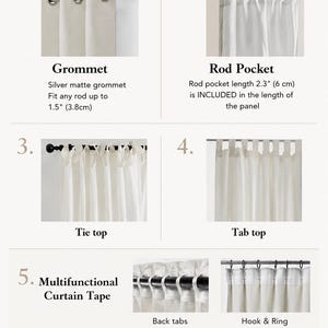 May include: An informational chart titled HANGING TYPES displaying seven curtain styles: 1. Grommet with silver matte rings for 1.5 inch rods, 2. Rod Pocket, 3. Tie top, 4. Tab top, 5. Multifunctional Curtain Tape, 6. Clip top, and 7. Pinch Pleat.