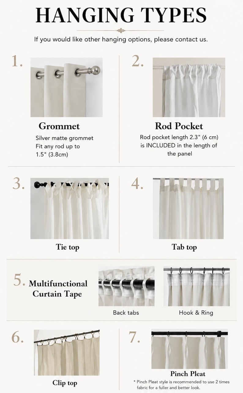 May include: An informational chart titled HANGING TYPES displaying seven curtain styles: 1. Grommet with silver matte rings for 1.5 inch rods, 2. Rod Pocket, 3. Tie top, 4. Tab top, 5. Multifunctional Curtain Tape, 6. Clip top, and 7. Pinch Pleat.