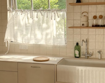 Cortina de café de mezcla de lino, cortina de cocina con lazo, panel de ventana Cottagecore, media cortina de estilo rústico, decoración campestre francesa
