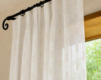 Checkered Linen Sheer Curtain, Natural Beige Grid Curtain Panel,Light Filtering Linen Drapes,Custom French Country Farmhouse Curtain Decor