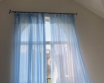 Sky Blue Linen Blend Sheer Curtains,Ruffle Top Cottagecore French Country Farmhouse Drapes,Light Filtering Soft Linen Window Panels