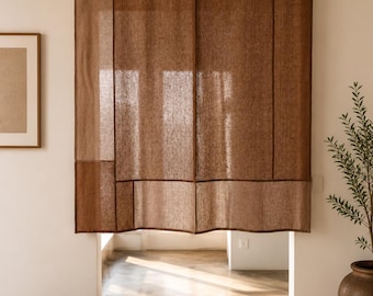 Cortinas transparentes de lino 100% con diseño de patchwork, paneles de cortina de lino con cuadrícula, cortinas de lino Japandi, cortinas Wabi Sabi, cortinas neutras estilo casa de campo.
