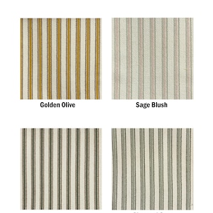May include: Four fabric swatches with a vertical herringbone stripe pattern. The colors are labeled as Golden Olive, Sage Blush, Olive Brown, and Charcoal Sage. The text at the top reads Available in 4 Colors, with each swatch labeled below.