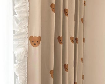 Teddy Bear Embroidered Curtain,Ruffle Edge Nursery Curtain,Custom Linen Blend Kids Room Drapes,Cute Beige Baby Room Curtain