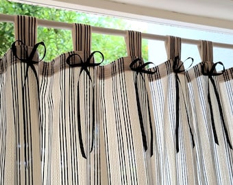 Cortina de café a rayas, cortina de cocina con pajarita, cortina de media ventana estilo casa de campo, cortina de café de estilo campestre francés, panel de ventana estilo cottagecore