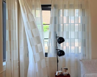 Cortina transparente de lino a cuadros, panel de cortina de rejilla beige natural, cortinas de lino que filtran la luz, decoración de cortinas personalizada estilo casa de campo francesa.