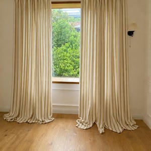 Striped Linen Look Curtain Panel,Mustard Brown Beige Drapes,French Country Farmhouse Curtains,Custom Vintage Cottage Window Treatment image 7