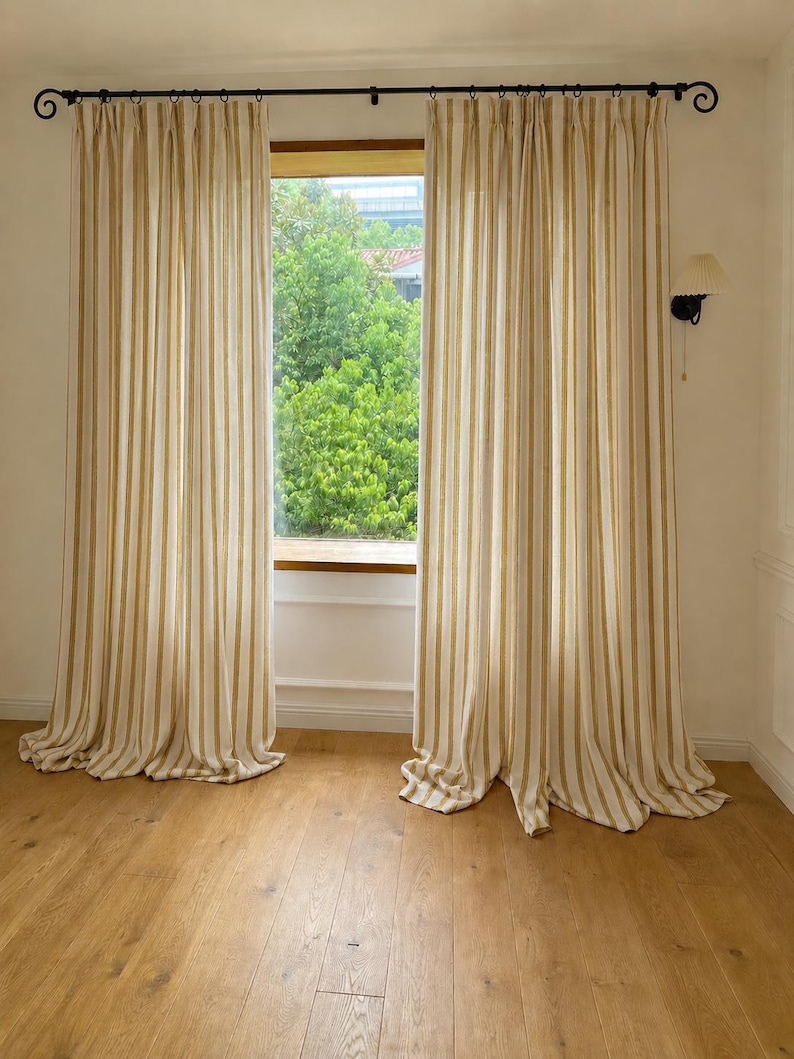 Striped Linen Look Curtain Panel,Mustard Brown Beige Drapes,French Country Farmhouse Curtains,Custom Vintage Cottage Window Treatment image 7