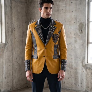 Herenblazer van geel en grijs leer met spikes - Geometrische bizon/buffelpatch op de rug - Stoerde punkrock bikerjas